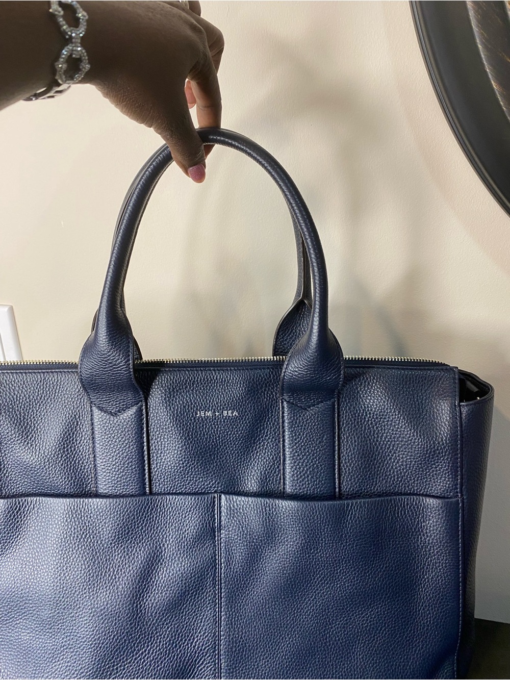 Jem + Bea Navy Leather Baby Tote Bag with Dual Top Handles - Picture 4 of 13
